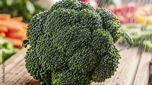 Fresh Broccoli on Wooden Board A Healthy Vegetable CloseUp.