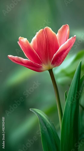 Vibrant red tulip flower in sunlight with green leaves and bokeh background