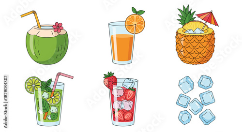 Collection of six colorful tropical and summer drink illustrations