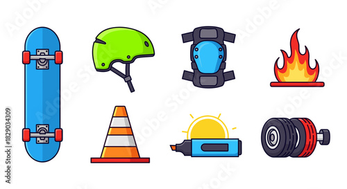 Collection of colorful skateboard and safety gear icons