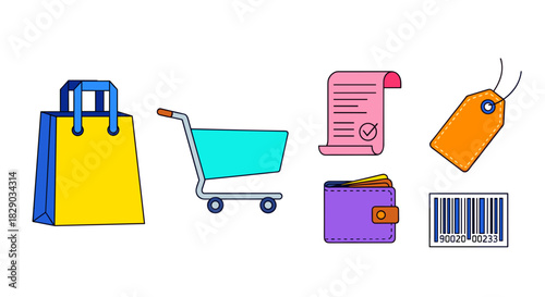 Collection of shopping icons including bag, cart, receipt, wallet, tag, and barcode
