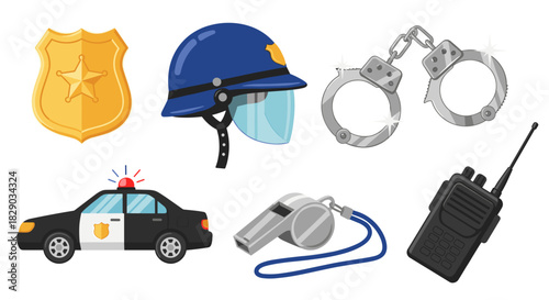 Collection of police equipment icons including badge, helmet, car, handcuff, whistle, and radio