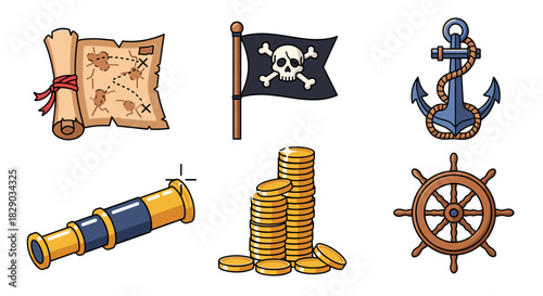 Collection of pirate treasure and navigation icons