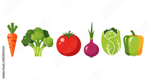 Collection of fresh vegetable icons including carrot, broccoli, tomato, onion, cabbage, and pepper