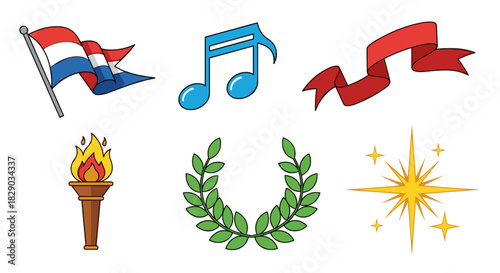 Set of six colorful cartoon icons representing celebration, music, award, and achievement
