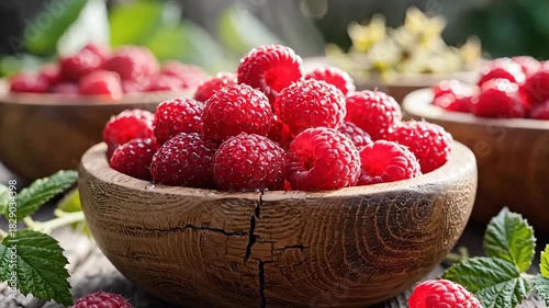 Fresh Raspberries in Wooden Bowls on a Rustic Table.