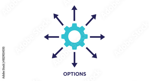 A teal gear surrounded by blue arrows pointing outward representing options and possibilities