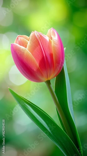 Vibrant red tulip flower with green leaves against a blurred background