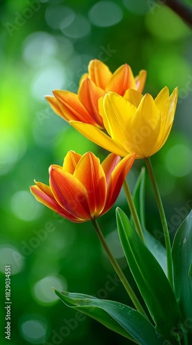 Vibrant tulip blossoms in warm sunlight against a green bokeh background