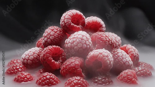Frozen Raspberries with Dry Ice Smoke Effect Close Up.