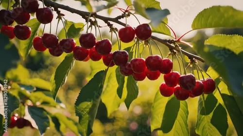 Ripe Red Cherries Hanging on a Branch in a Lush Green Orchard on a Sunny Day.