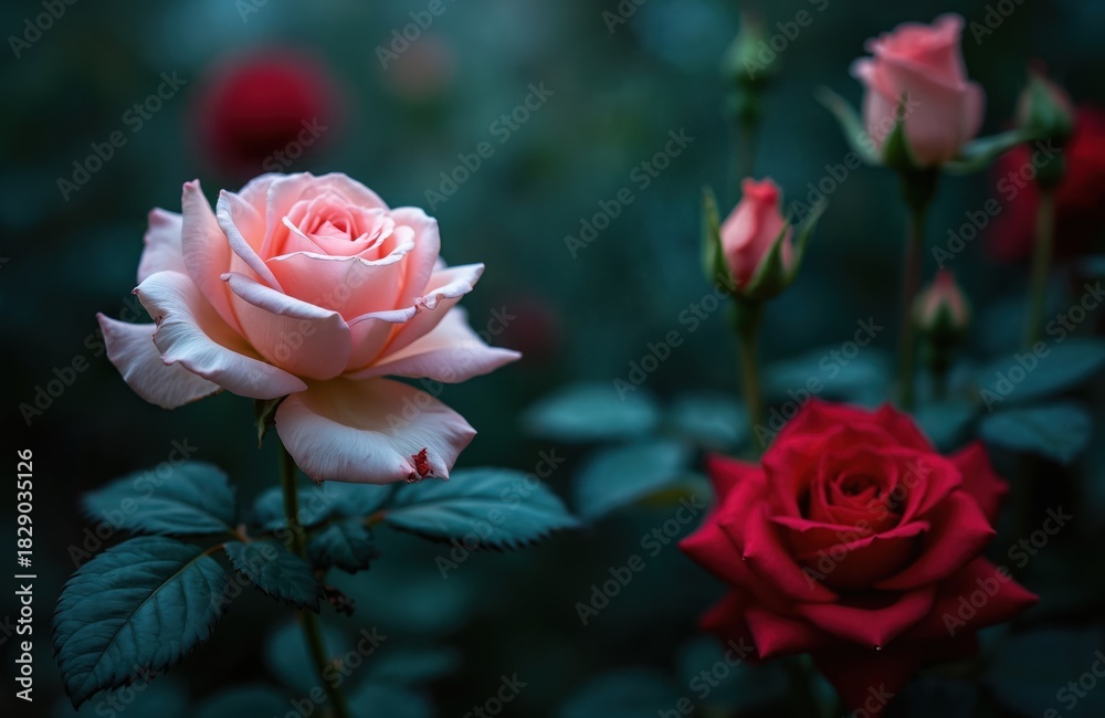 Naklejka premium Pink and red roses bloom in a shadowy garden. Delicate petals unfurl under soft light. Dark moody flora forms a dreamy, magical background. Buds suggest new growth. Beauty in nature.