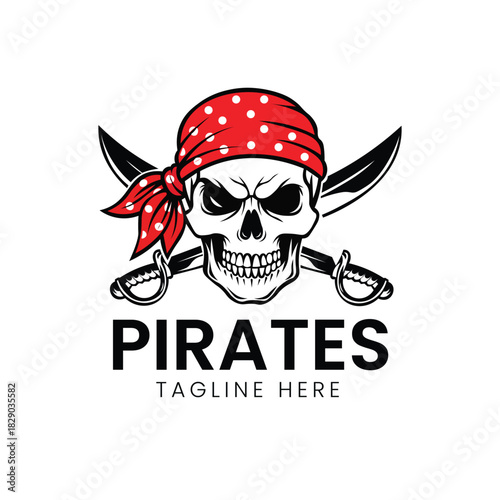 Skull and crossbones wearing a pirate bandana and eyepatch, representing adventure, danger, or piracy Vector logo template