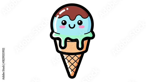 A cute cartoon ice cream cone with a happy face and chocolate topping.