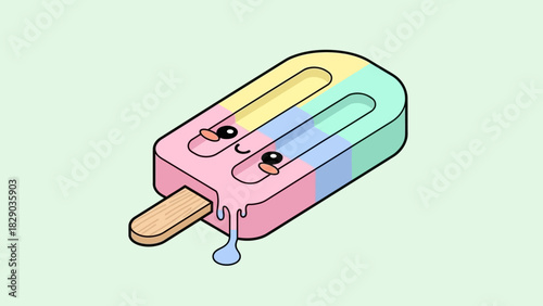 Cartoon popsicle with cute face and melting drips on a light green background.