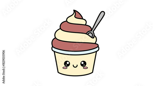 Cute cartoon ice cream cup with a spoon, kawaii style.