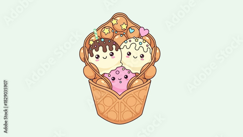 Cute cartoon ice cream waffle cone with smiling faces.