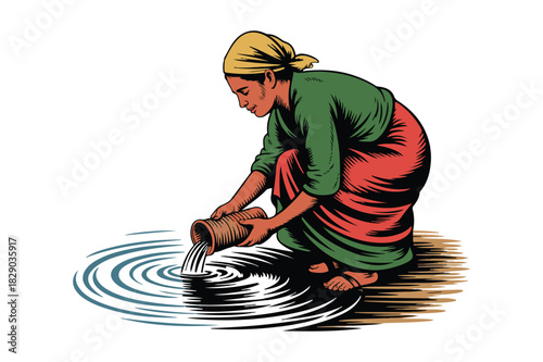 Woman gathering water from a pool with a clay pot