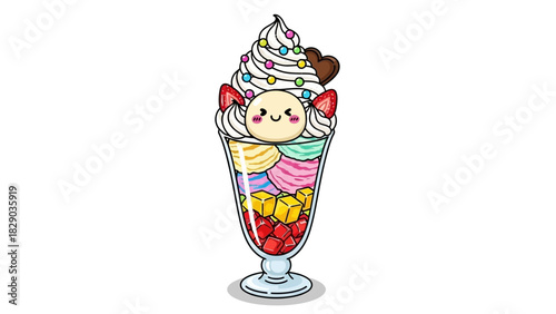 Illustration of a colorful parfait with layers of ice cream, fruit, and whipped cream in a glass.
