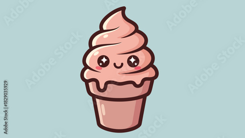 Cute cartoon ice cream cone with kawaii face and pink swirl.