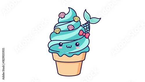 Cute cartoon ice cream cone with mermaid tail and seashell toppings.