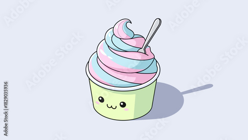 Cute cartoon frozen yogurt with a kawaii face and a spoon.