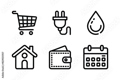 Set of six simple line art icons representing shopping energy water home finance and calendar