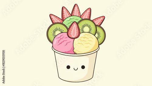 Cute cartoon ice cream sundae with strawberries and kiwi in a cup.