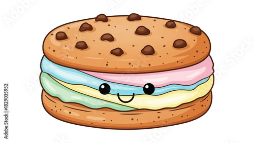 Cartoon ice cream sandwich with a smiling face and chocolate chip cookies.