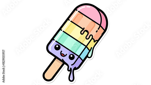 Cute cartoon popsicle with rainbow stripes and a happy face, melting slightly on a stick.