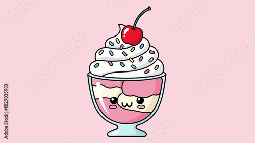 Kawaii ice cream sundae with cherry on top and sprinkles.