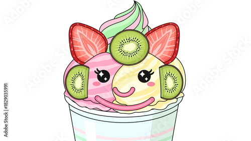 Cute ice cream dessert with fruit toppings and kawaii face.