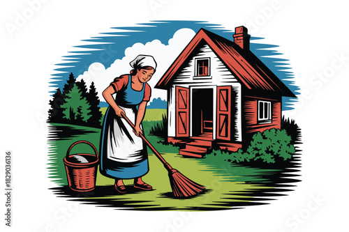 Woman sweeping outside a rustic wooden cottage in a grassy yard