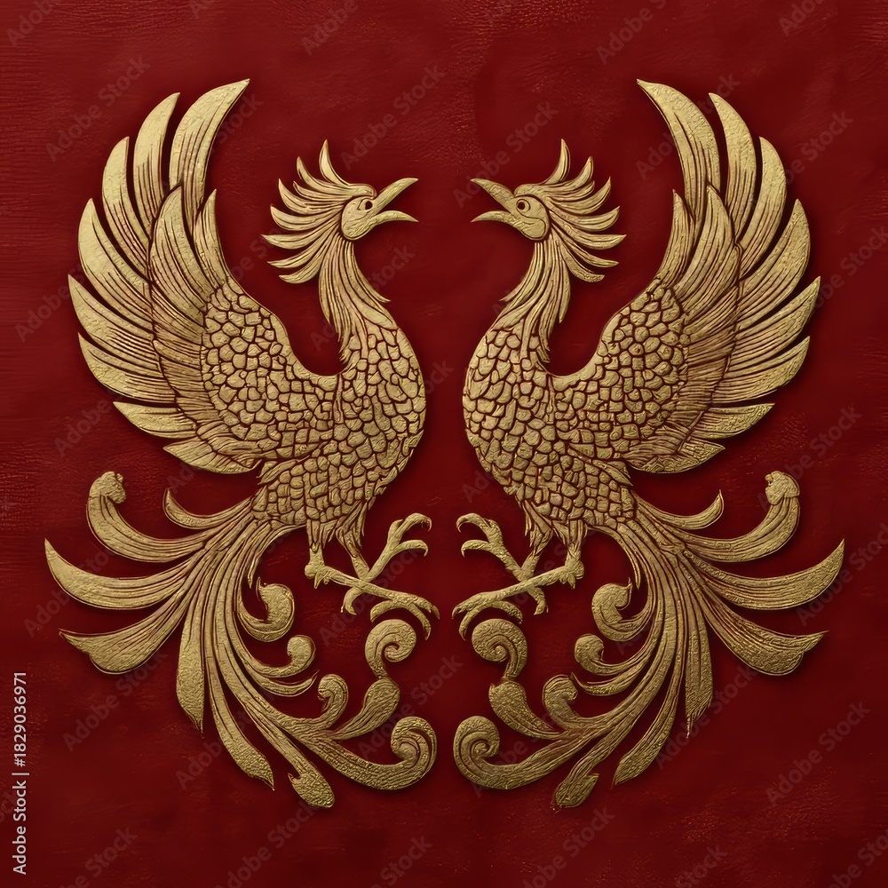 Obraz premium Two golden phoenixes confront each other against a luxurious red background with chinese symbolism