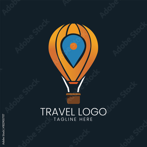Hot air balloon with a location or pin marker inside, symbolizing travel, adventure, and global location Vector logo template