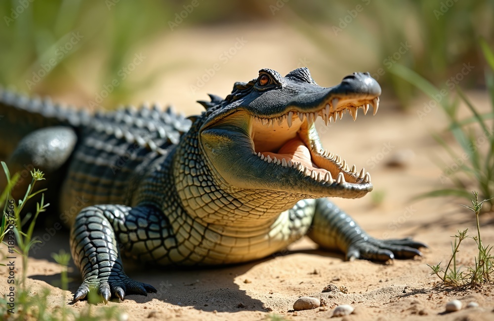 Naklejka premium Freshwater crocodile rests on sunny dry land. Powerful jaws wide open, revealing rows of sharp teeth, orange tongue inside mouth. Wild reptile displays strength outdoors in natural habitat. Ancient