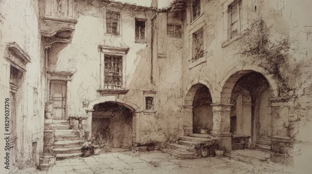 Fototapeta premium A quaint courtyard in a historic village features textured stone walls, arched doorways, and potted plants. The scene captures the peaceful atmosphere of a sunny afternoon.
