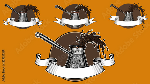 Coffee pouring from a cezve with banner in vintage style for branding and design