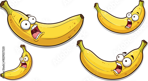 Group of cartoon bananas expressing shock and surprise with exaggerated expressions