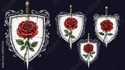 Rose and sword emblems set symbolizing love strength and medieval heraldry art