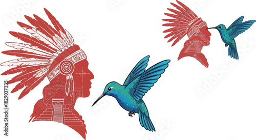 Native american chief with hummingbird in flight cultural heritage illustration