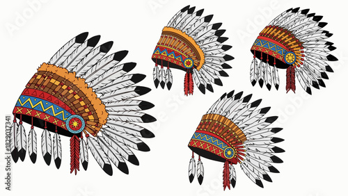 Group of native american headdresses with feathers and intricate beadwork designs art