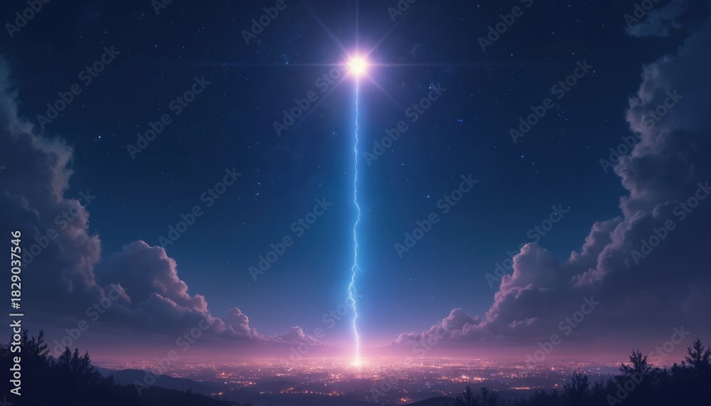 Fototapeta premium Bright star above night city lights. Blue lightning bolt connects celestial body to planet earth. Starry sky with clouds, cosmic energy flows.