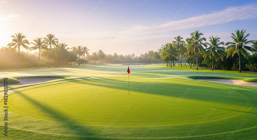 Obraz premium Serene tropical golf course bathed in golden morning sunlight with lush palm trees