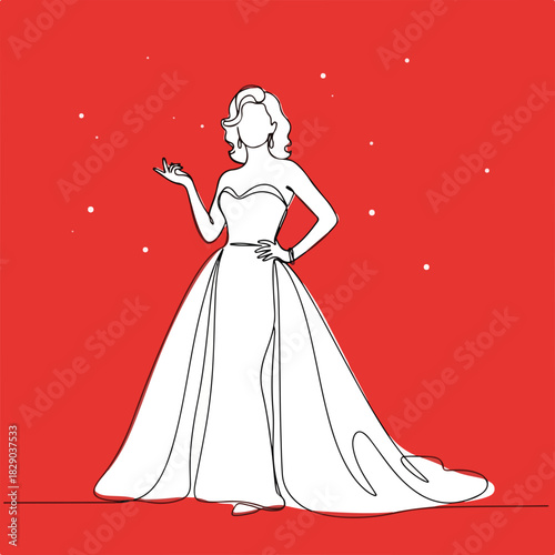 Elegant actress in gown, line art style. Actress poses in long formal dress, dramatic pose showcases designer fashion, white gown. Concept actress ready for red carpet, film festival and gala.