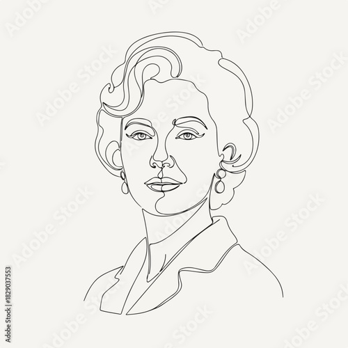 Elegant actress portrait depicted in a single continuous line drawing, simple artwork. Line art presents striking features for a female actress. Actress artwork represents simplicity, elegance,