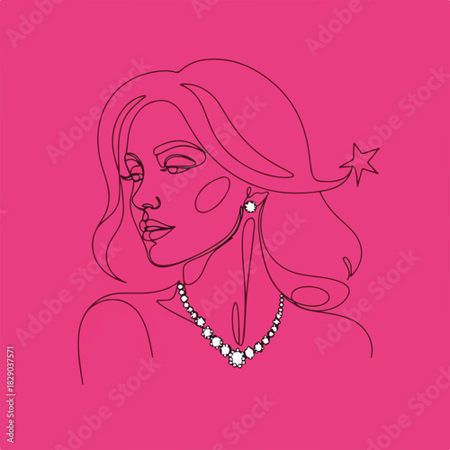Minimalist portrait of actress with jewelry on pink background. Actress design features linear drawing of woman with star in her hair, wearing necklace and earrings.