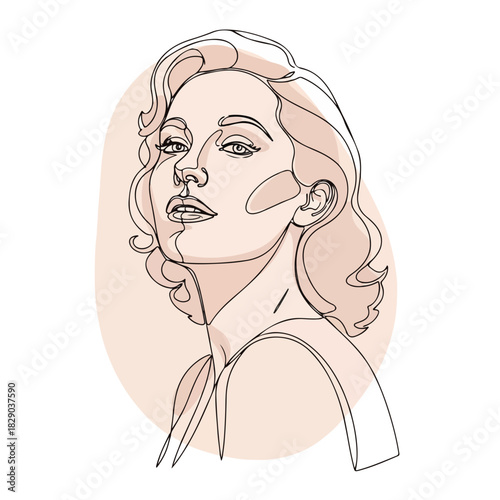 Minimalist line drawing shows elegant woman, artistic portrait against soft pink background. Sophisticated line drawing evokes style and elegance, showing facial features and flowing hair.