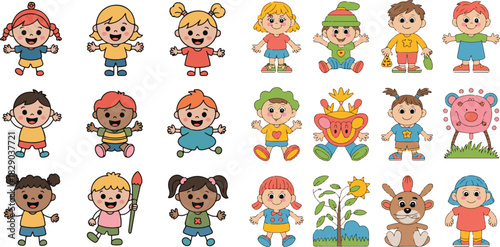 Cute seamless vector pattern set of funny cartoon children icons including baby boy and girl characters with pet animals like a cat, rabbit, dog, pig, and bear