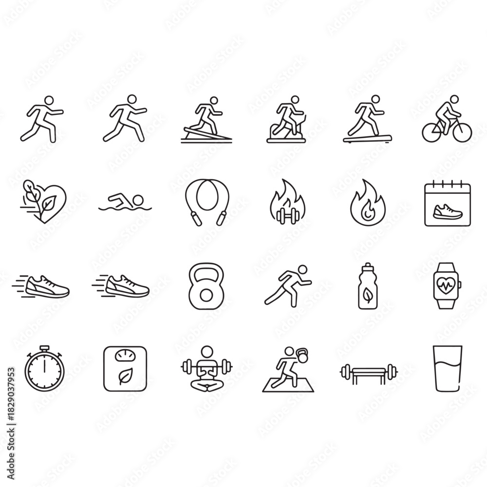 Fototapeta premium Fitness thin line icons black and white vector design 